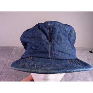Vintage Heavy Duty Mens Denim Work Cap Hat Made in USA Blue Indigo Large